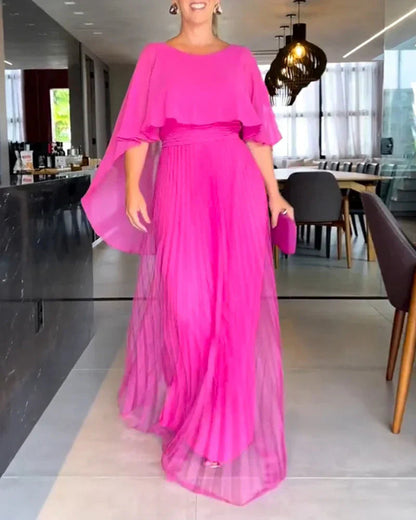Milena | Vestido Largo Plisado Clásico para Mujer con Mangas Tipo Capa