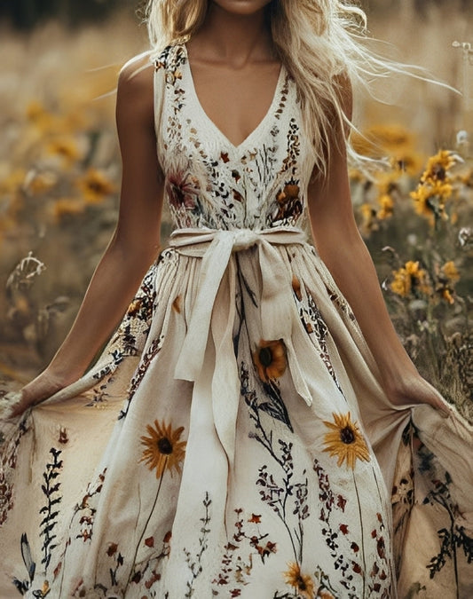 Elena | Robe longue élégante pour femme avec imprimé floral et décolleté en V