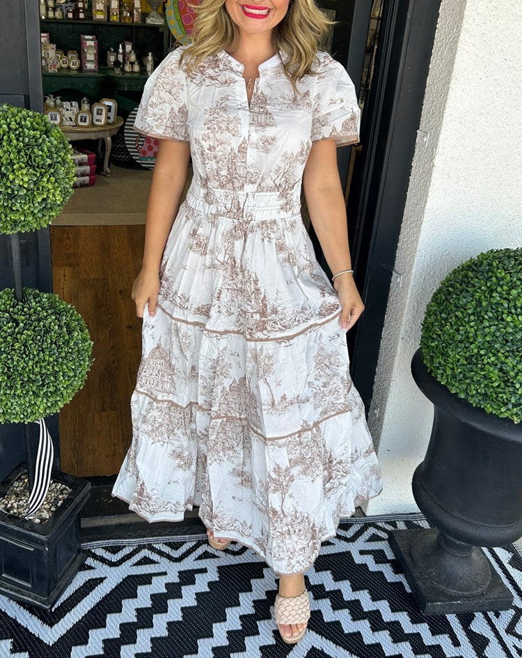 Olalla | Vestido midi para mujer con estampado vintage y volantes