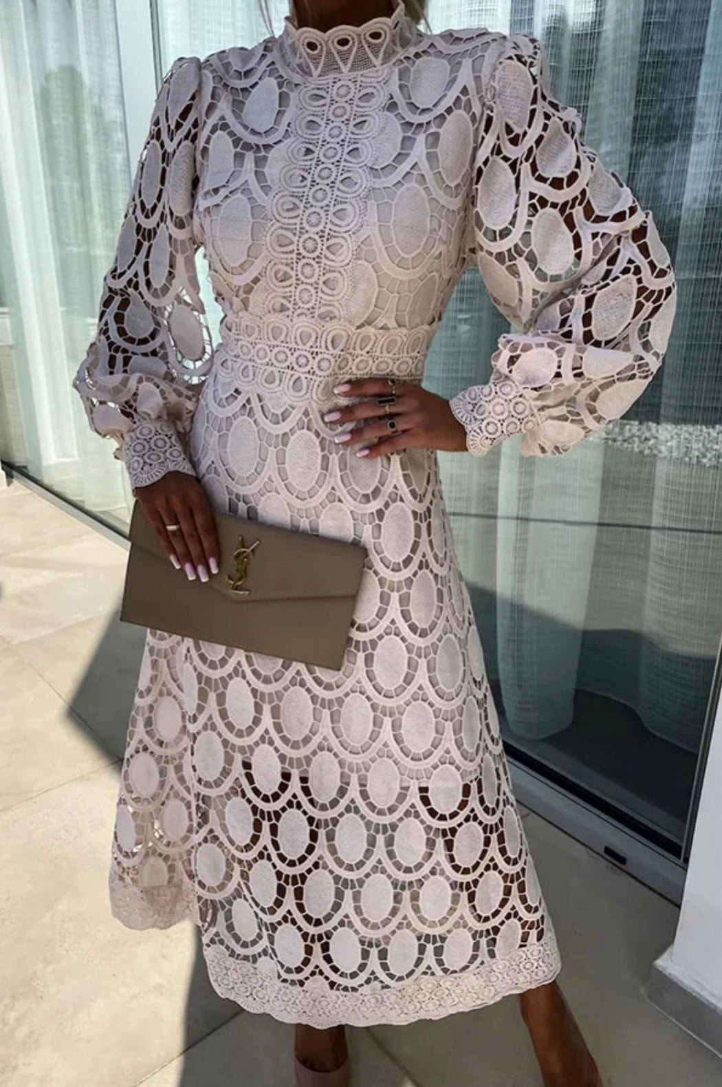 Izaro | Women's Elegant Midi Dress with Lace and Long Sleeves