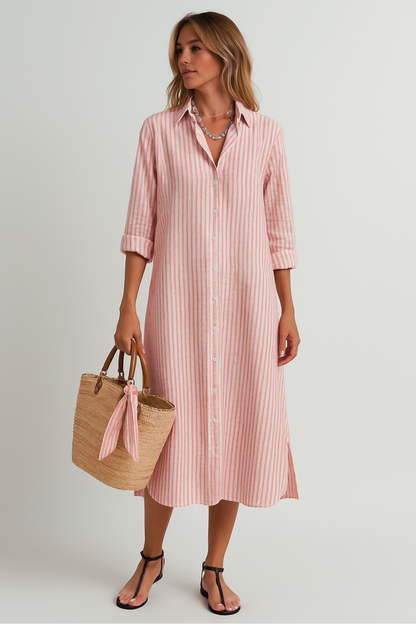 Vespera | Striped Button-Front Midi Summer Dress