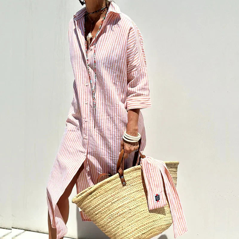 Vespera | Striped Button-Front Midi Summer Dress
