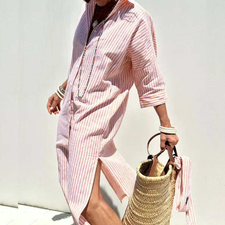 Vespera | Striped Button-Front Midi Summer Dress