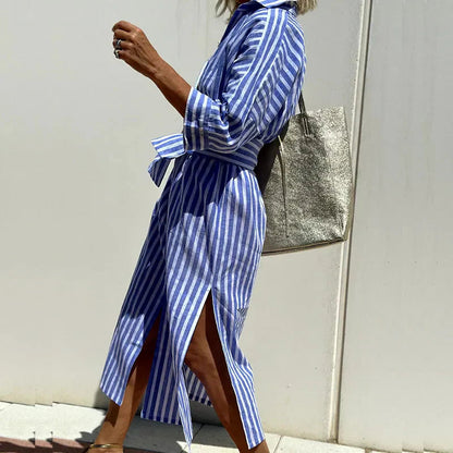 Vespera | Striped Button-Front Midi Summer Dress
