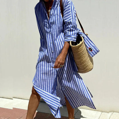 Vespera | Striped Button-Front Midi Summer Dress
