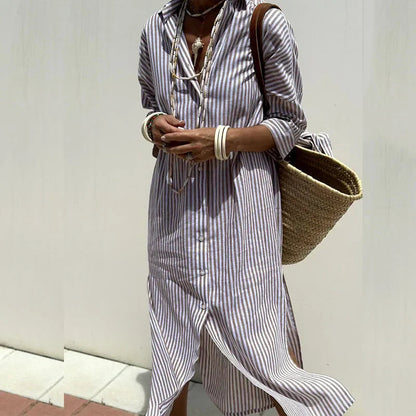 Vespera | Striped Button-Front Midi Summer Dress
