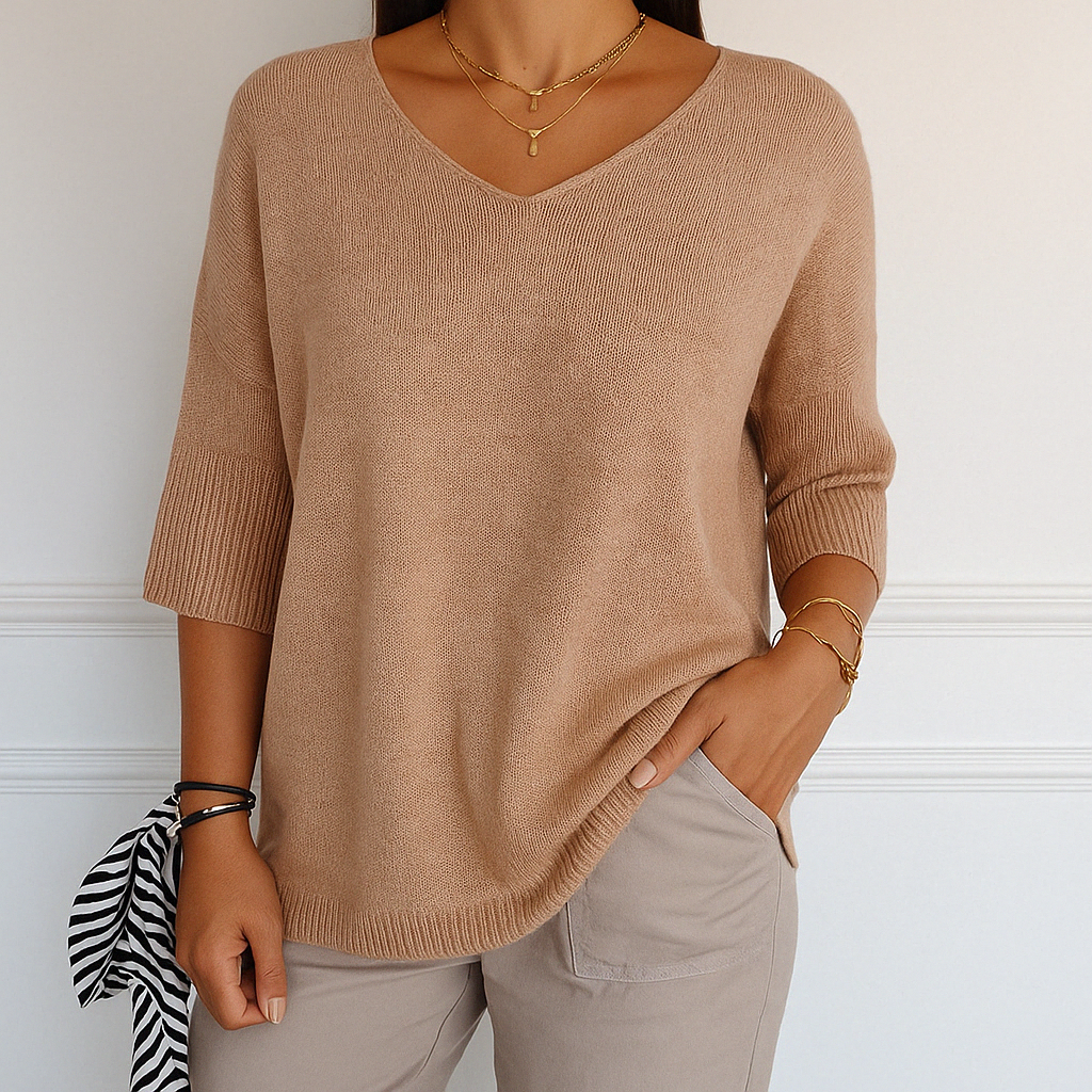 Elaris | Pull à manches courtes et col en V pour femme, coupe décontractée