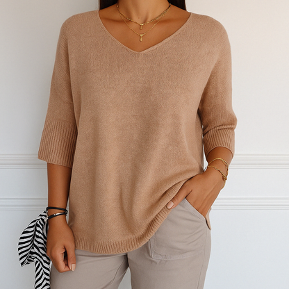 Elaris | Pull à manches courtes et col en V pour femme, coupe décontractée