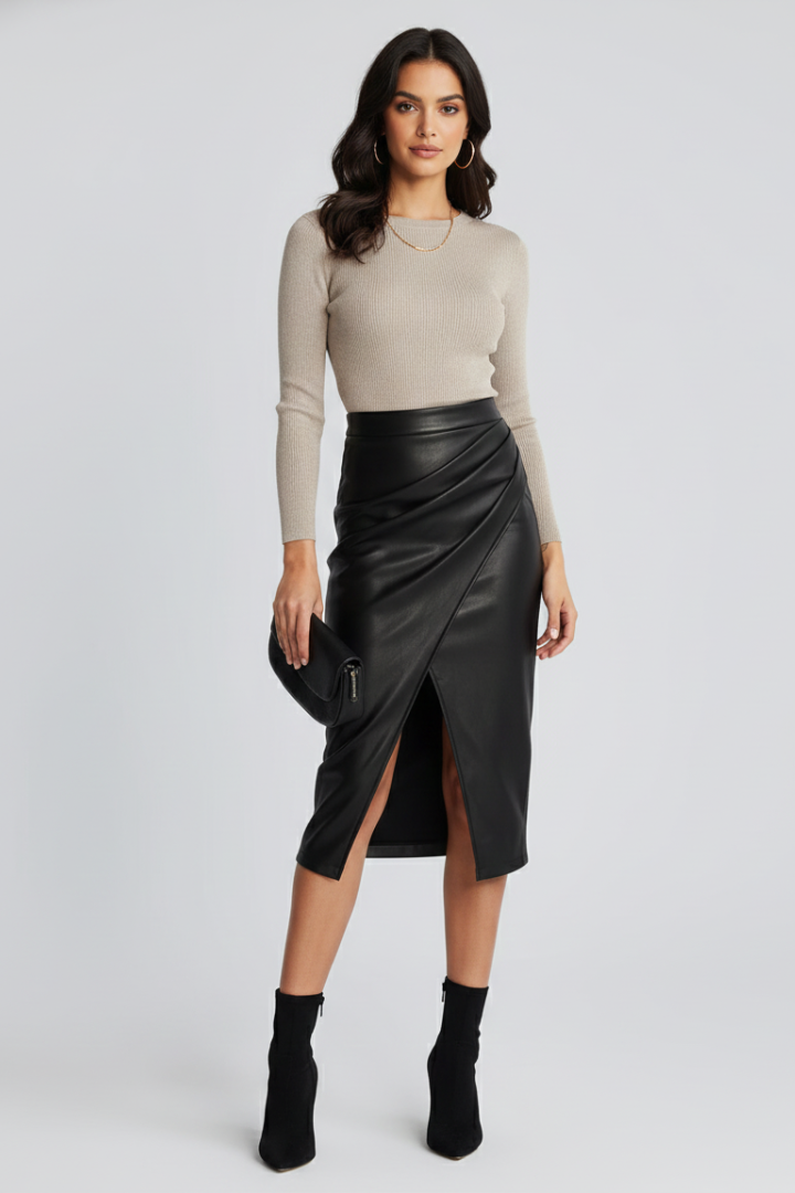 Nuria | Women's Pleated Midi Skirt with Front Slit