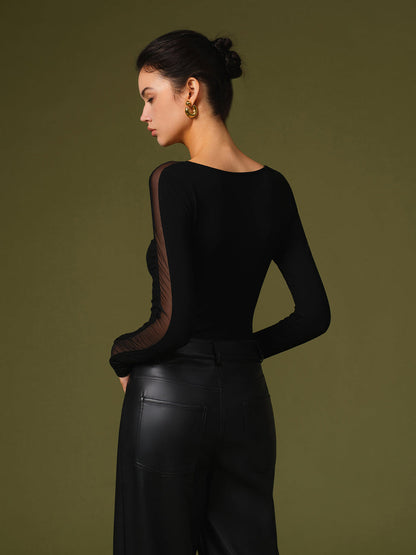 Casilda | Top primaveral elegante con mangas de malla para mujer