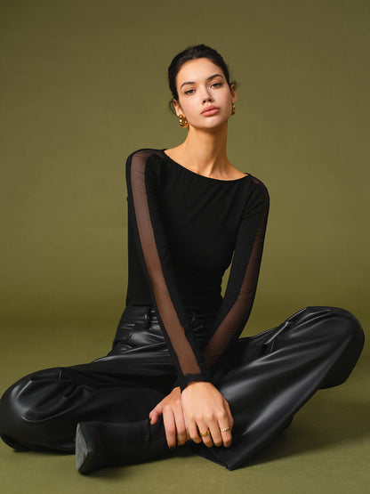 Casilda | Top primaveral elegante con mangas de malla para mujer