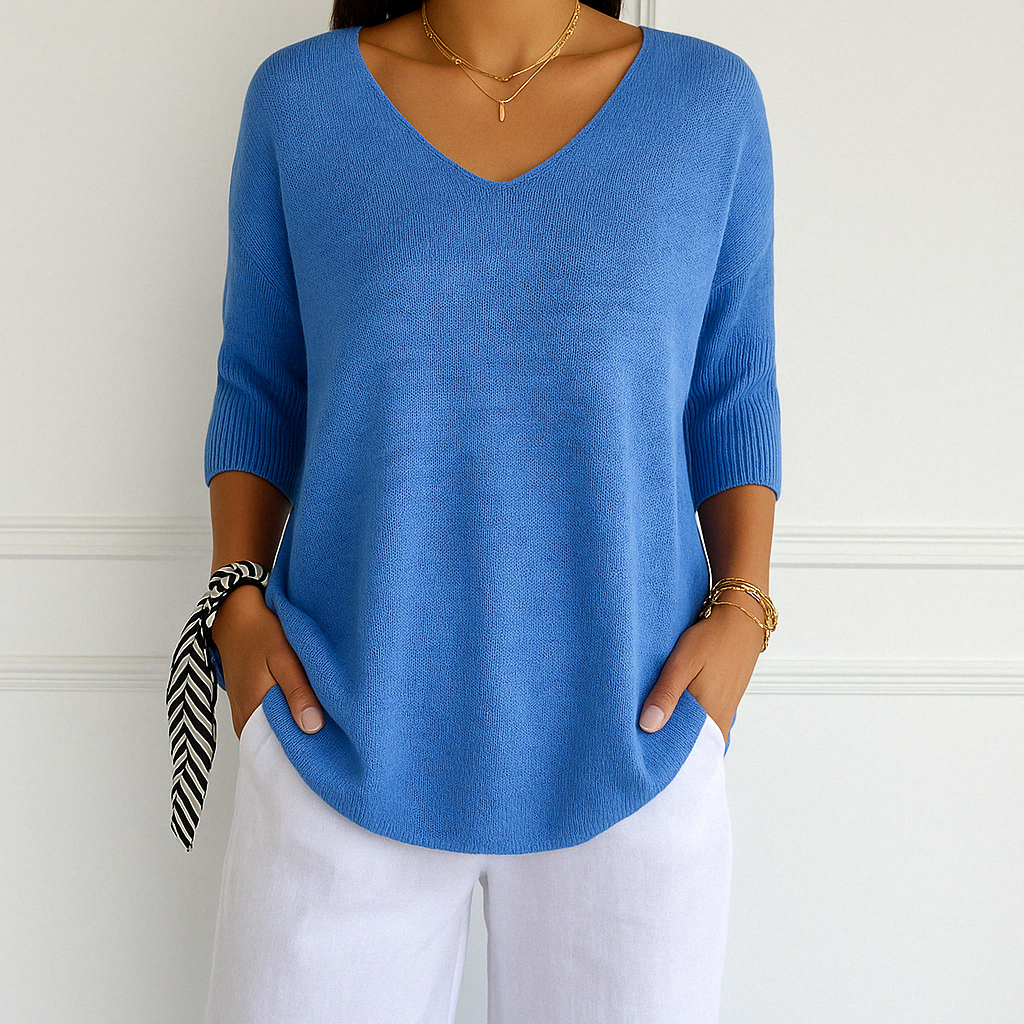 Elaris | Pull à manches courtes et col en V pour femme, coupe décontractée