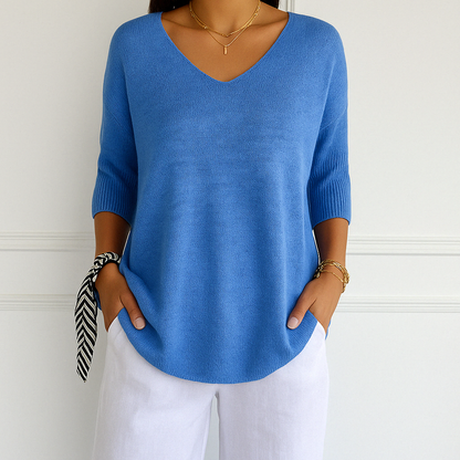 Elaris | Pull à manches courtes et col en V pour femme, coupe décontractée