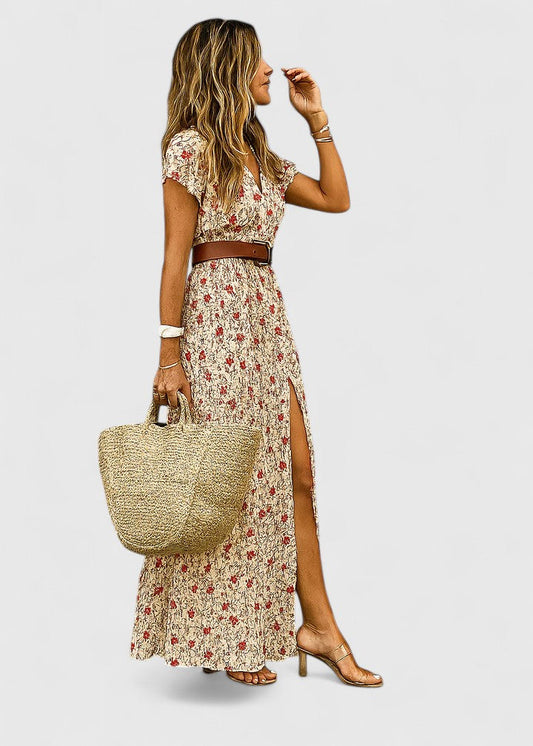 Elira | Robe maxi bohème pour femme avec col en V et manches courtes