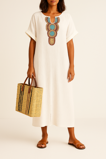Anni | Vestido caftán bohemio con bordado y manga corta diseño suelto