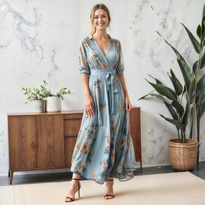 Lourdes| Midi dress with V-neck and floral print with belt