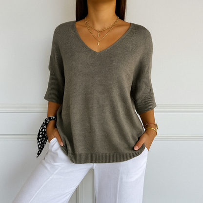 Elaris | Pull à manches courtes et col en V pour femme, coupe décontractée