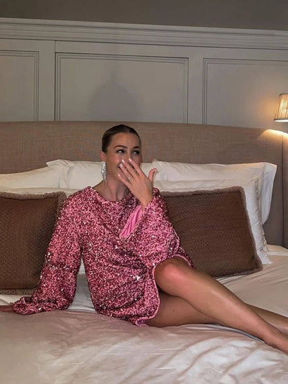 Mireia | Vestido corto de mujer con lentejuelas y detalle de lazo