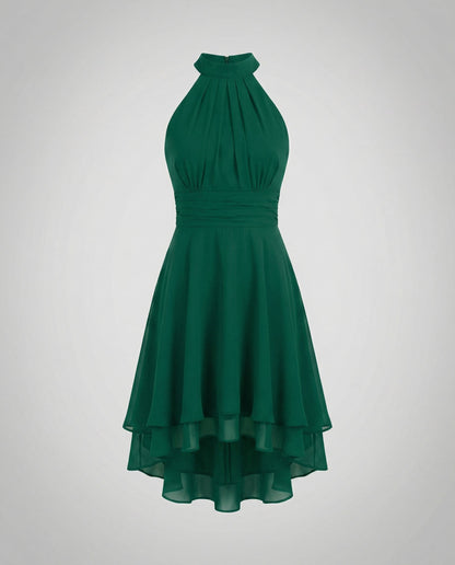 Delmara | Vestido mini para mujer con cuello halter y falda en capas | Acampanado