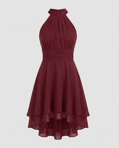 Delmara | Vestido mini para mujer con cuello halter y falda en capas | Acampanado
