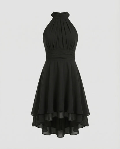Delmara | Vestido mini para mujer con cuello halter y falda en capas | Acampanado