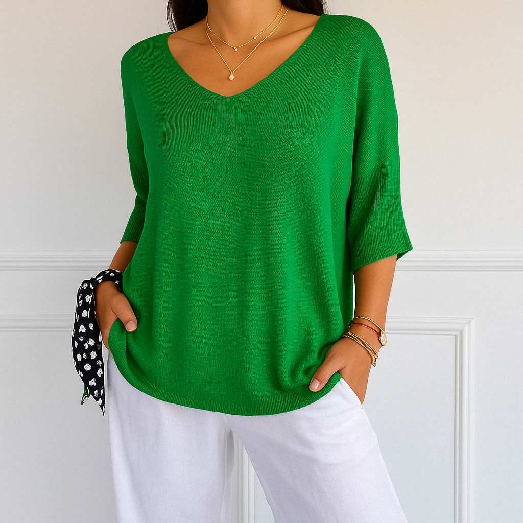 Elaris | Pull à manches courtes et col en V pour femme, coupe décontractée