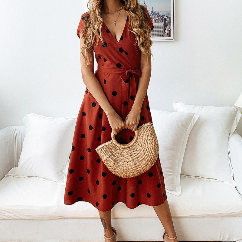Clementina | Vestido midi elegante para mujer con lunares y lazo