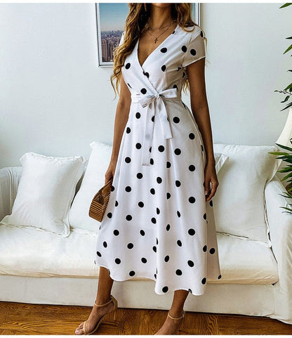 Clementina | Vestido midi elegante para mujer con lunares y lazo