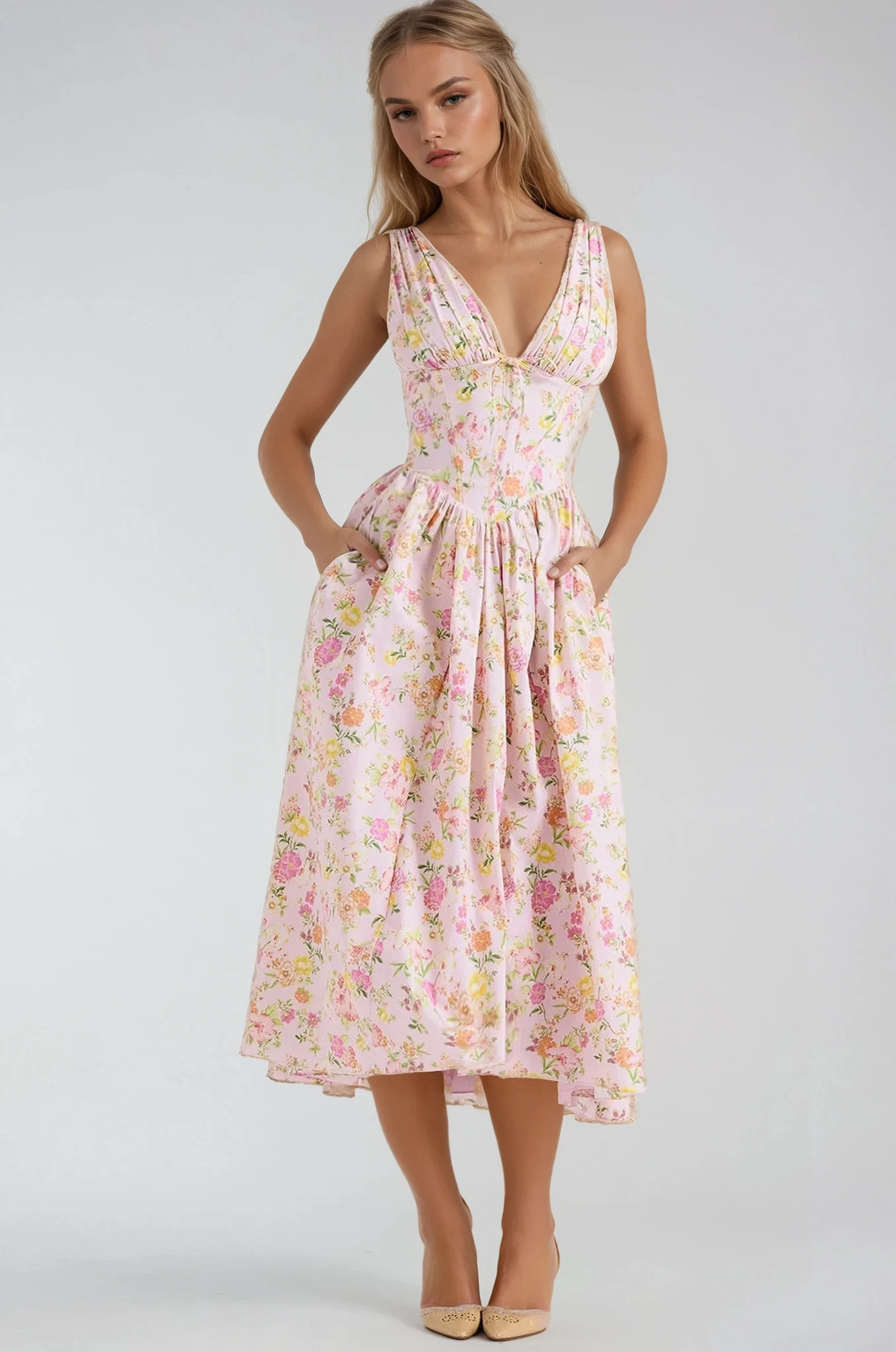 Nieves | Vestido midi para mujer con estampado floral y escote en V