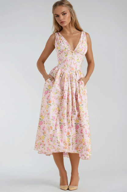 Nieves | Vestido midi para mujer con estampado floral y escote en V