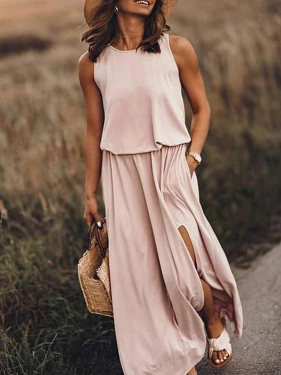 Kariela | Vestido maxi elegante para mujer con abertura lateral | Sin mangas