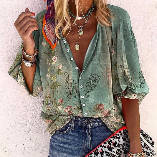 Maria | Women's Bohemian Floral Print Loose Short-Sleeved Blouse