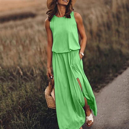 Kariela | Vestido maxi elegante para mujer con abertura lateral | Sin mangas
