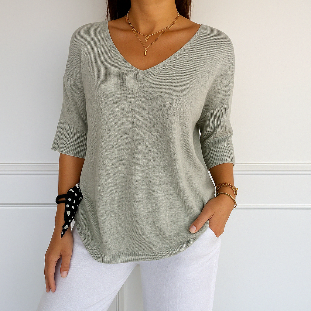Elaris | Pull à manches courtes et col en V pour femme, coupe décontractée