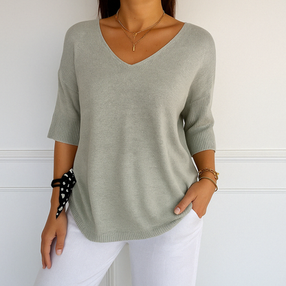 Elaris | Pull à manches courtes et col en V pour femme, coupe décontractée