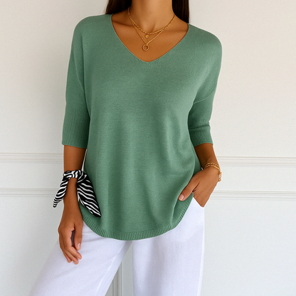 Elaris | Pull à manches courtes et col en V pour femme, coupe décontractée