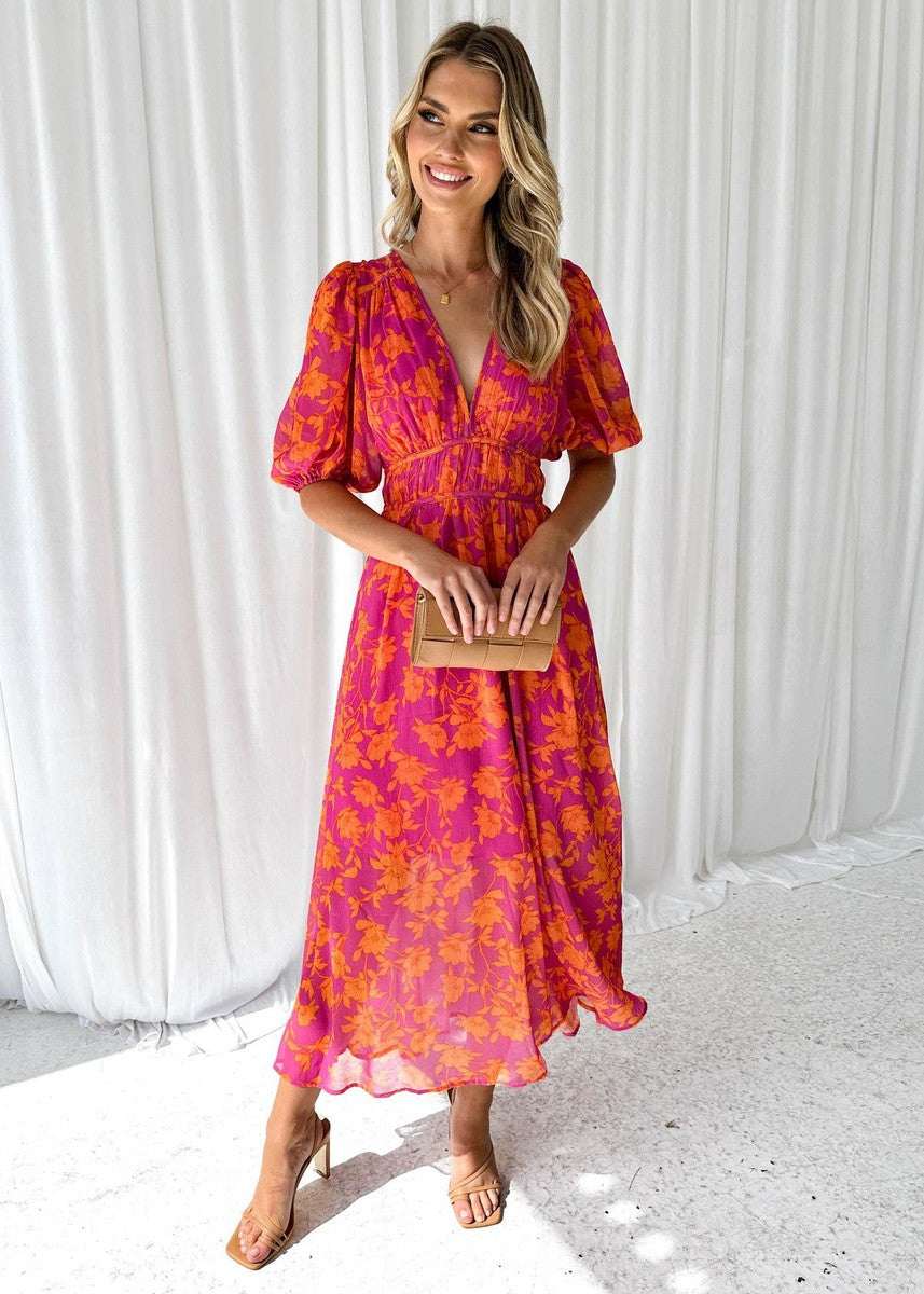 Asun | Vestido midi floral con mangas abullonadas para mujer