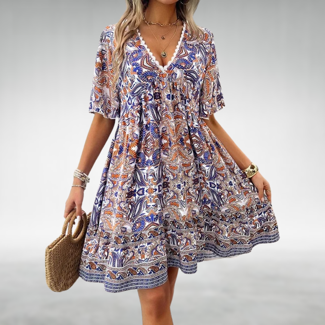Ainhoa | Vestido mini boho estampado para mujer con escote en V