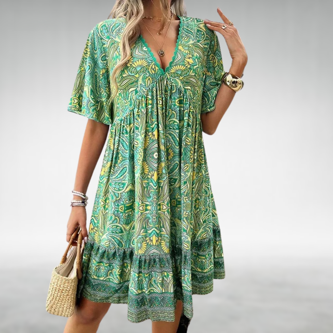 Ainhoa | Vestido mini boho estampado para mujer con escote en V