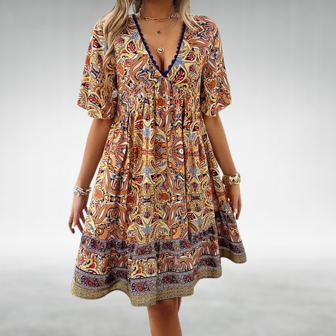 Ainhoa | Vestido mini boho estampado para mujer con escote en V
