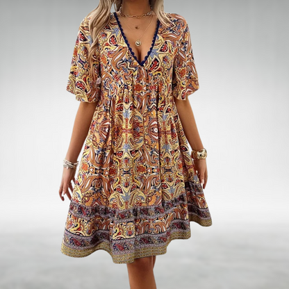 Ainhoa | Vestido mini boho estampado para mujer con escote en V