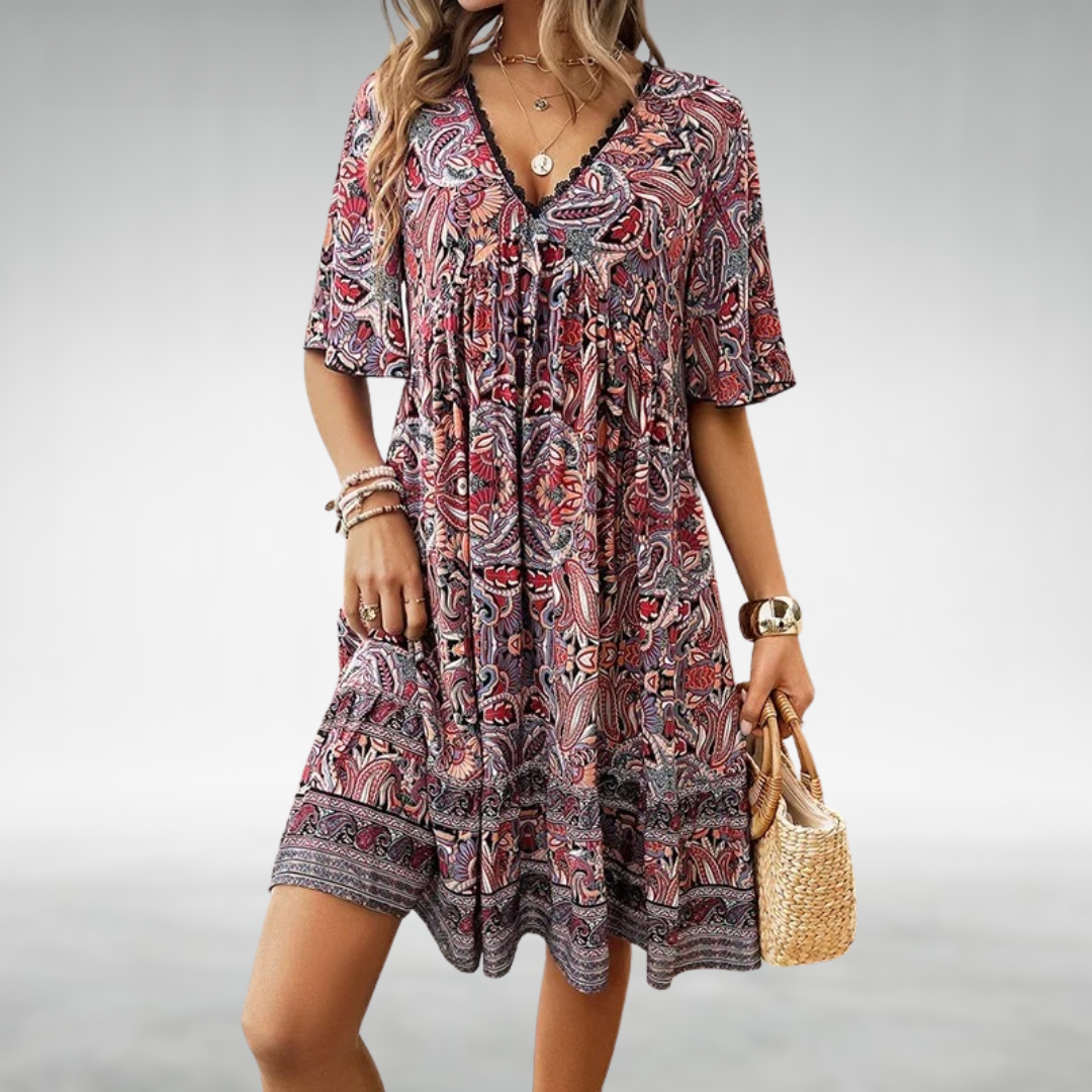 Ainhoa | Vestido mini boho estampado para mujer con escote en V