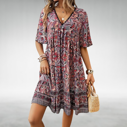Ainhoa | Vestido mini boho estampado para mujer con escote en V