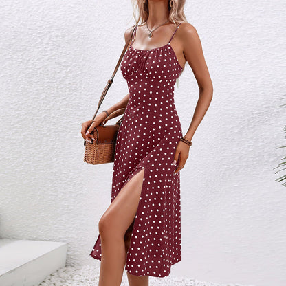 Jimena| Polka dot midi dress with thin straps and side slit