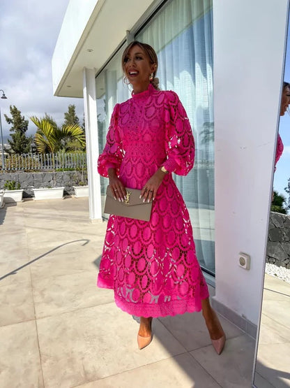 Camila | Vestido Midi de Encaje con Manga Larga