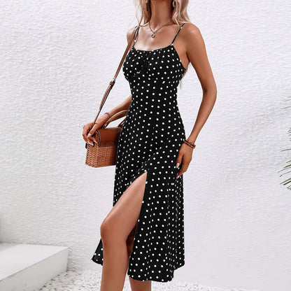 Jimena| Polka dot midi dress with thin straps and side slit