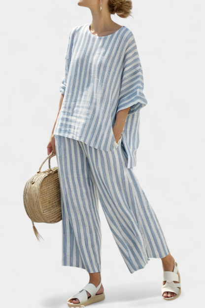 Leigh | Sofisticado top de lino a rayas azules y pantalones holgados