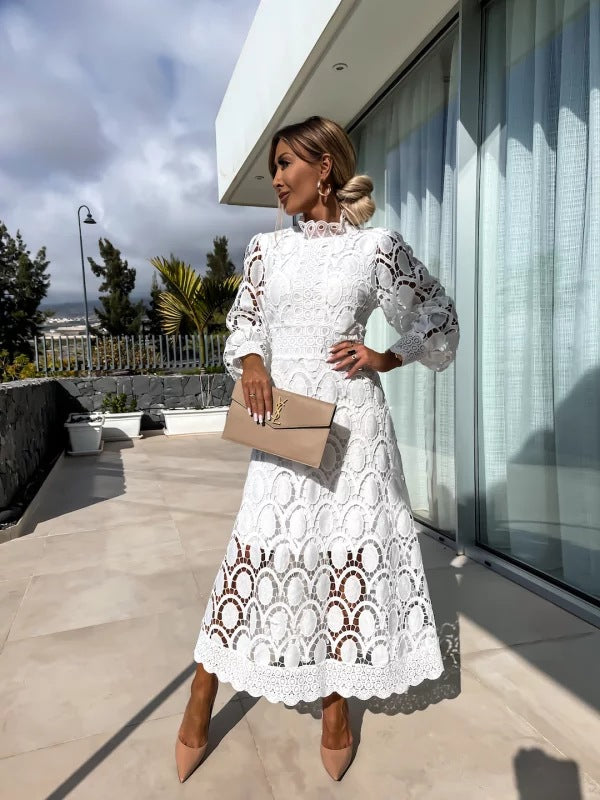 Camila | Vestido Midi de Encaje con Manga Larga