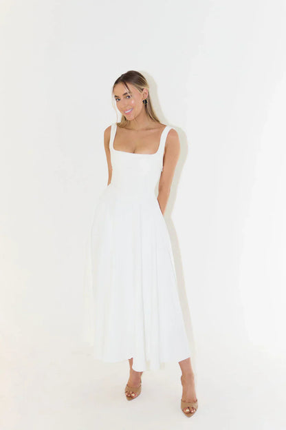 Sergia | Midi dress with high waist and square neckline
