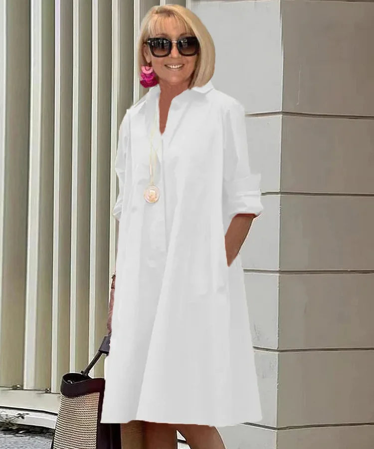 Teresa | Midi dress with long sleeves and loose fit, shirt collar